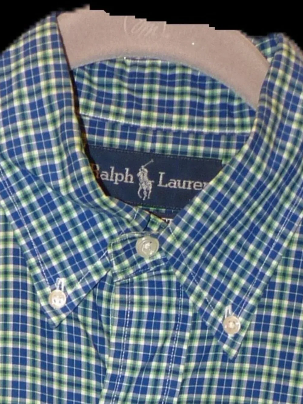 Polo Ralph Lauren oxford shirt, blue/green plaid, button up. Men's small.